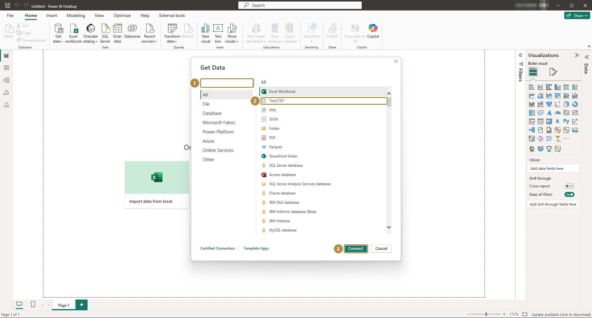 The Get Data dialog with a search box, source categories on the left and a list of connectors including Text/CSV, and a Connect button.