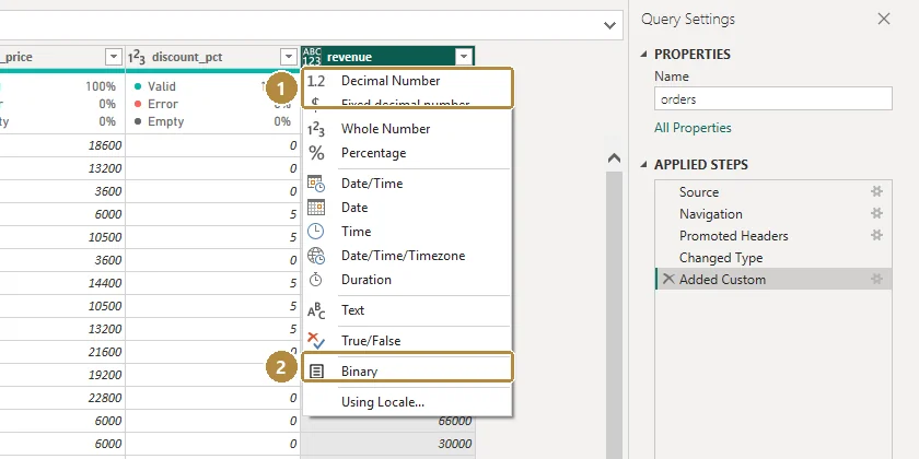 The data type menu of a Power Query column header, listing Decimal Number, Fixed decimal number, Whole Number and others, with Using Locale at the bottom.